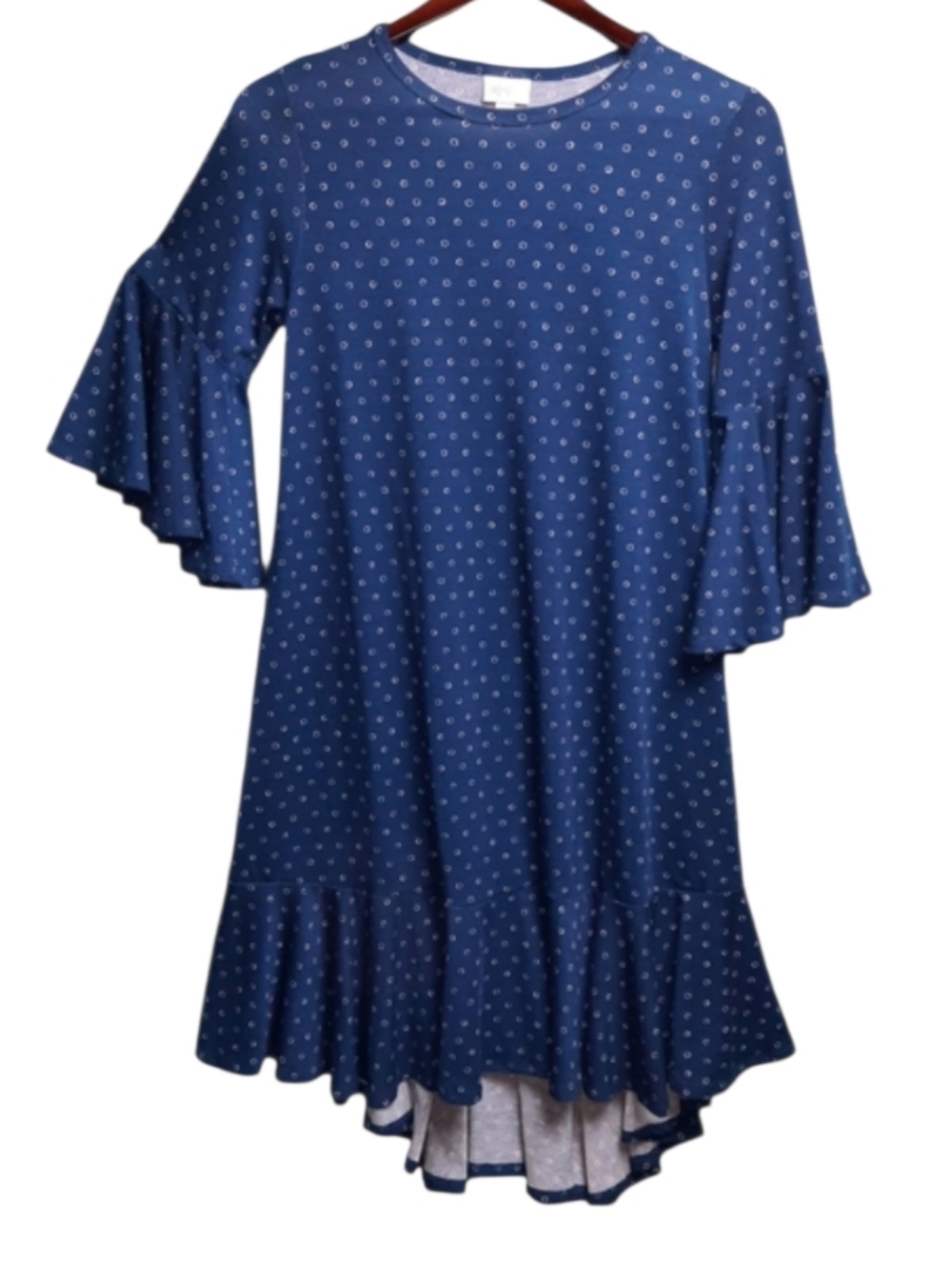 LuLaRoe Maurine Navy Circle Dot Flounce Dress SZ S